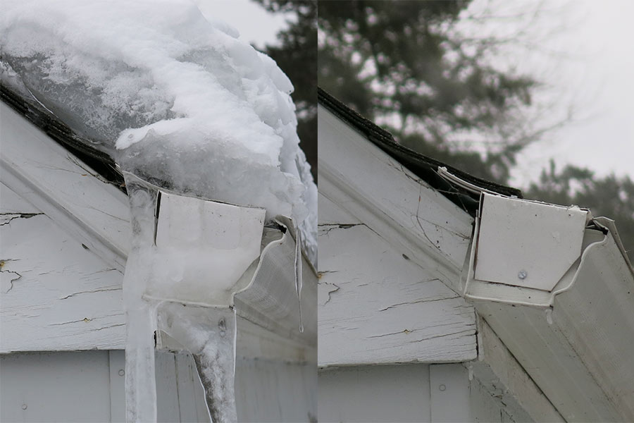 Close up example of an ice dam before and after.
