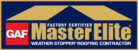 Master elite factory certified weather stopper roofing contractor logo.