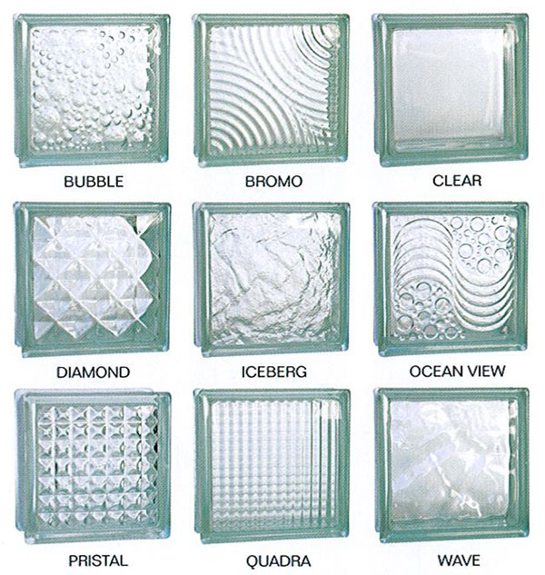 Examples of different glass block types: bubble, bromo, clear, diamond, iceberg, ocean view, pristal, quadra, wave.