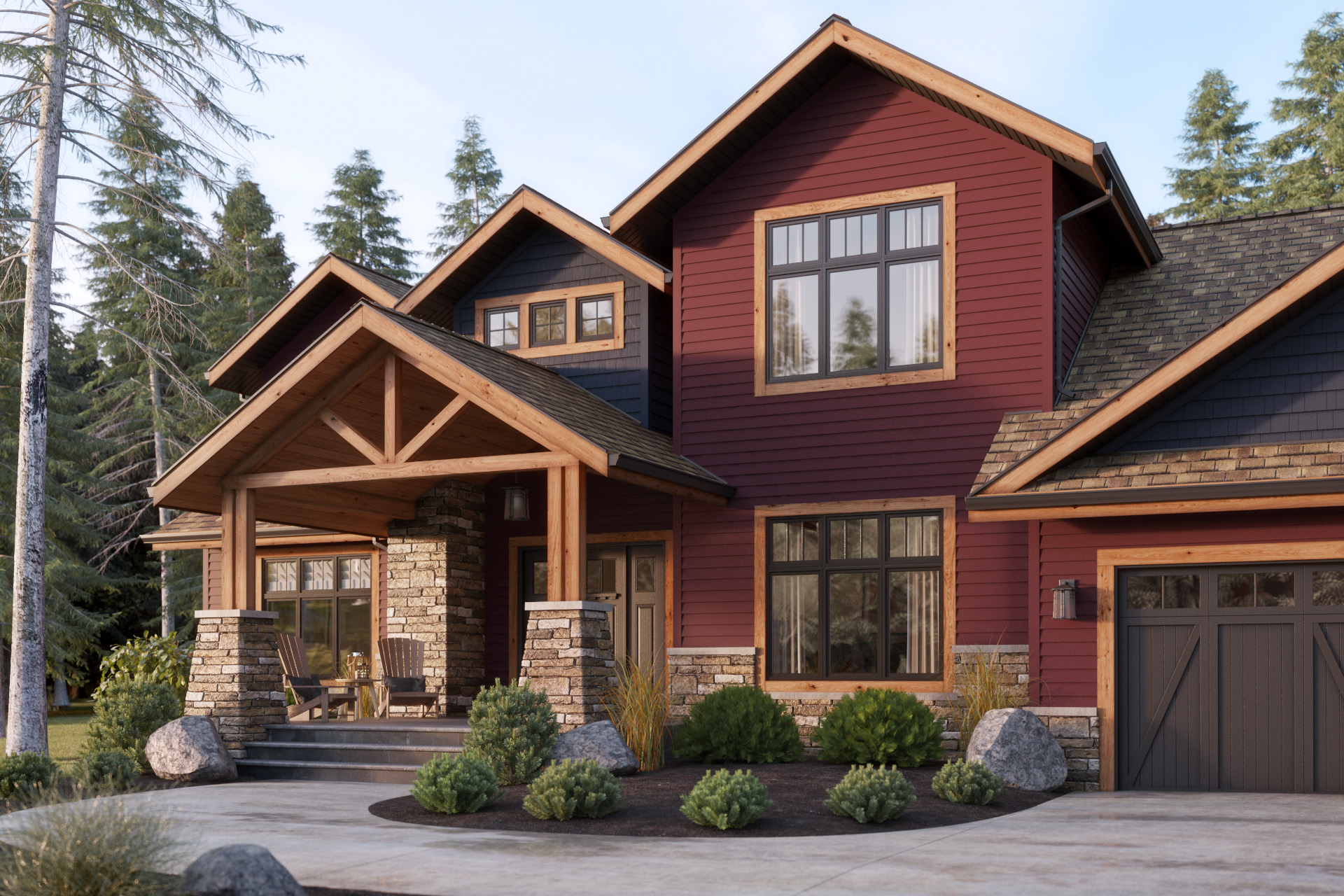 Rustic two story home with red siding and stone accents.