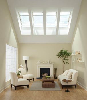 Inside a nice reading room with fireplace and four big skylights.