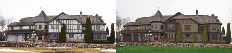 Tudor-style home before with white stucco siding and brown planks to remodel transformation with lap siding and shakes.