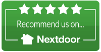 A green badge with the words recommend us on nextdoor for roofing repair and installation in the twin cities.