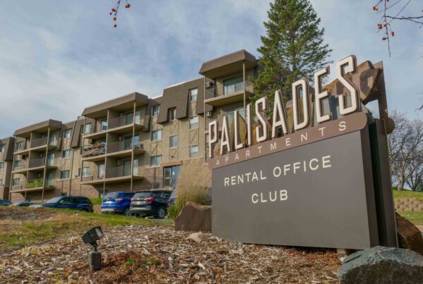 A sign for Palisades Apartments in Minneapolis, Minnesota.