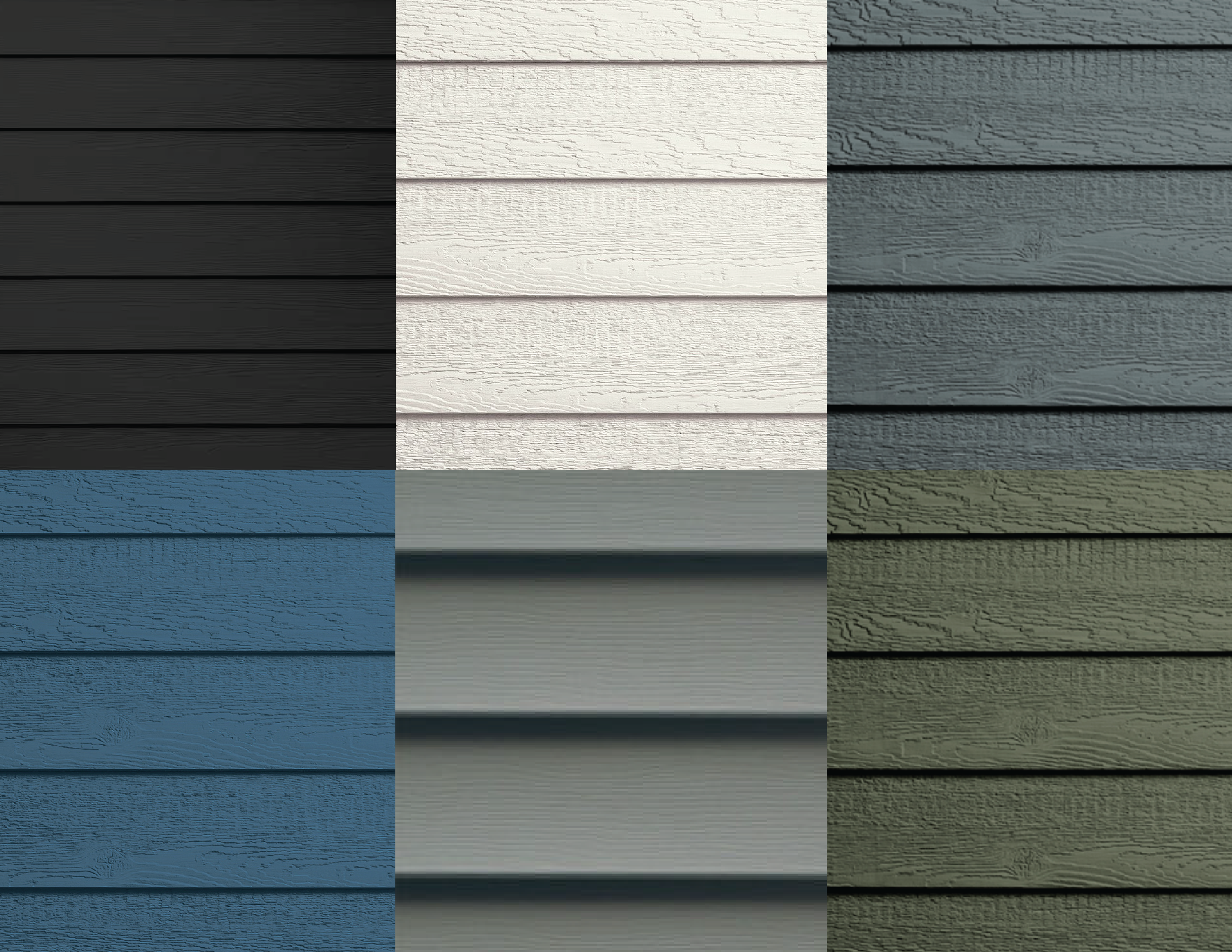 A grid of six different colored wood siding samples showcasing popular home siding colors: black, white, gray, blue, light green, and green.